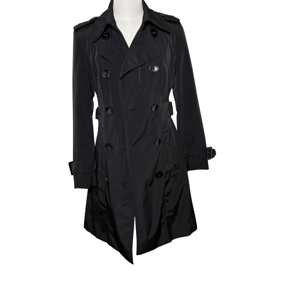 London Fog Black Trench Coat Double Breasted Belted Plaid Liner Petite XS